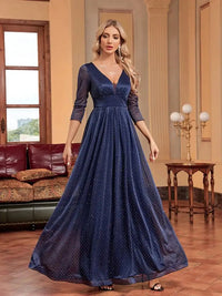 Navy Blue 3/4 Sleeves Deep V - Neck Formal Evening Dress S