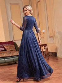 Navy Blue 3/4 Sleeves Deep V - Neck Formal Evening Dress S