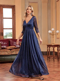 Navy Blue 3/4 Sleeves Deep V - Neck Formal Evening Dress S