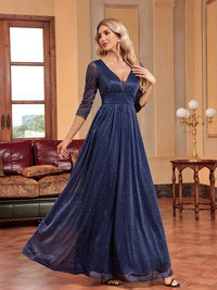 Navy Blue 3/4 Sleeves Deep V - Neck Formal Evening Dress S