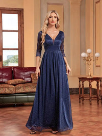 Navy Blue 3/4 Sleeves Deep V - Neck Formal Evening Dress S