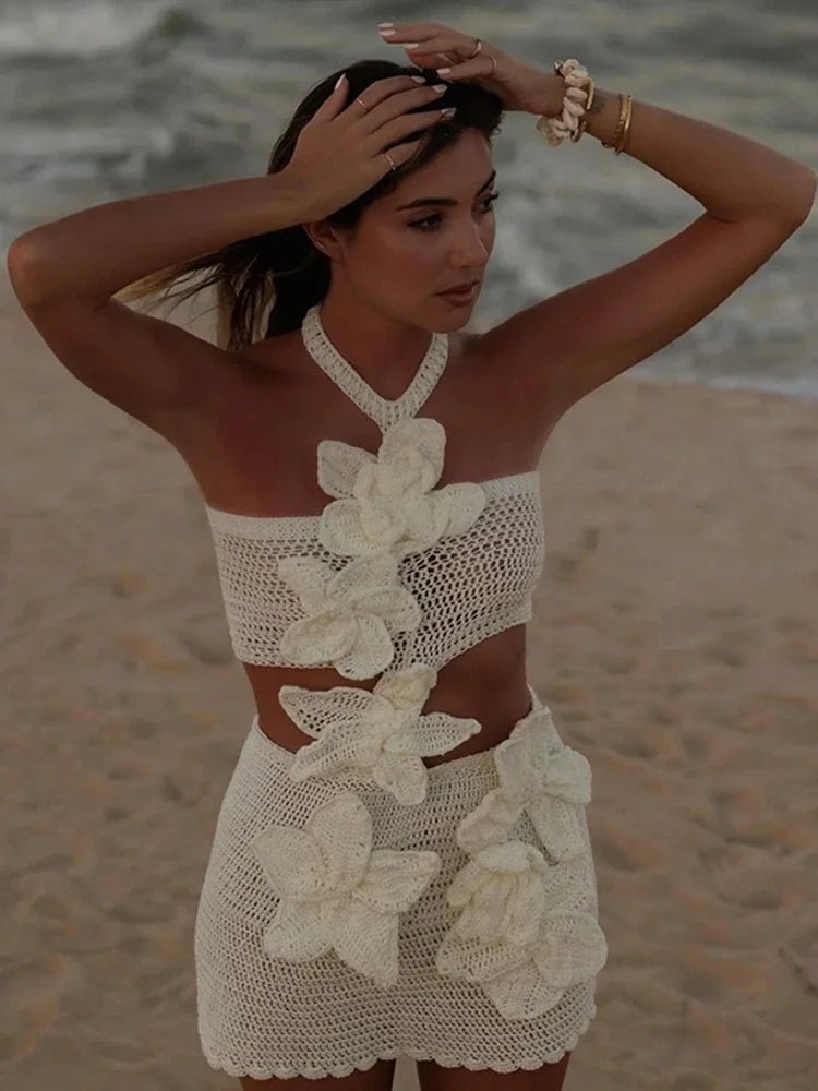 3D Floral Knitted Halter Beach Mini Dress