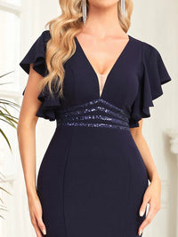 Navy Blue A - Line Deep V - Neck Ruffled Sleeve Formal Dress S