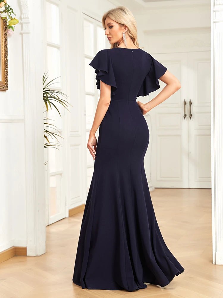 A-Line Deep V-Neck Ruffled Sleeve Formal Dress