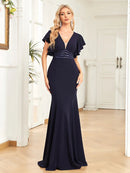 Navy Blue A - Line Deep V - Neck Ruffled Sleeve Formal Dress S