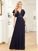 Navy Blue A - Line Deep V - Neck Ruffled Sleeve Formal Dress S