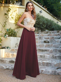 Burgundy A - line Illusion Net Bodice Bridesmaid Dress 2