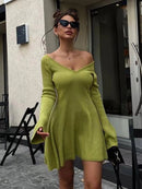 Green A - Line Ribbed Knit Mini Sweater Dress S