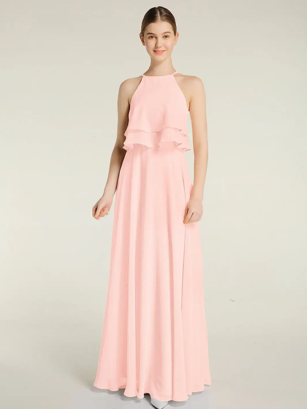 A-line Ruffled Bodice Pink Chiffon Bridesmaid Dress