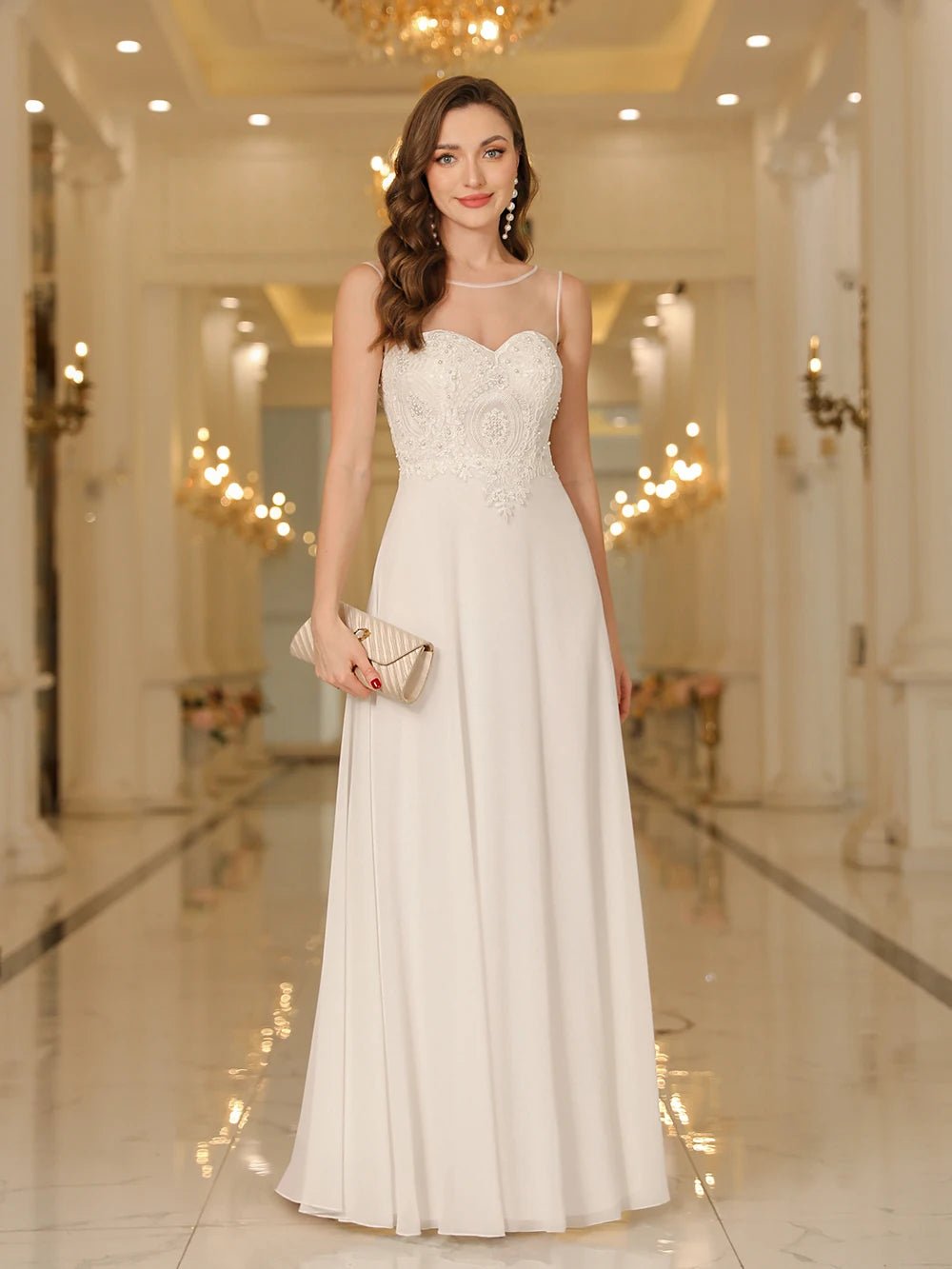 White A - Line Sleeveless Lace Applique bridesmaid Dress 2