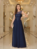 Navy Blue A - Line Sleeveless Lace Applique Evening Dress 2