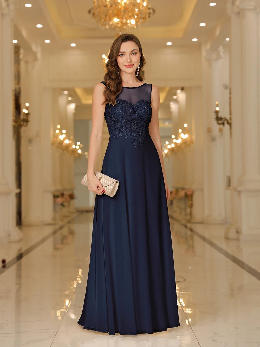 Navy Blue A - Line Sleeveless Lace Applique Evening Dress 2