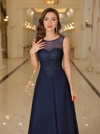 Navy Blue A - Line Sleeveless Lace Applique Evening Dress 2