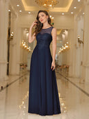 Navy Blue A - Line Sleeveless Lace Applique Evening Dress 2