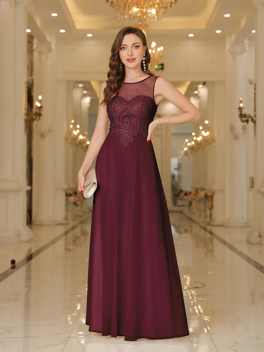 Burgundy A - Line Sleeveless Lace Applique Evening Dress 2