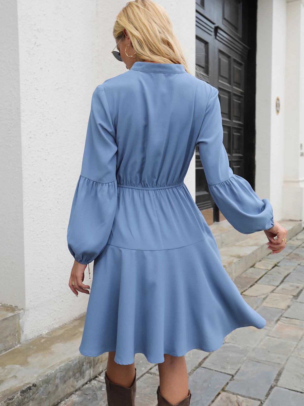 A-Line Smocked Long Sleeve V-Neck Knee Length Dress