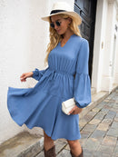 Dusty Blue A - Line Smocked Long Sleeve V - Neck Knee Length Dress S