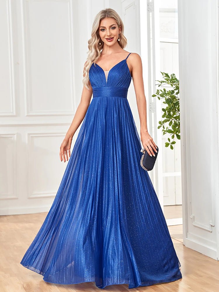 A-Line Spaghetti Strap Long Flowing Draped Prom Gown