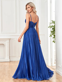 Elegantly draped A-line prom gown in soft blue, spaghetti straps, size 8.