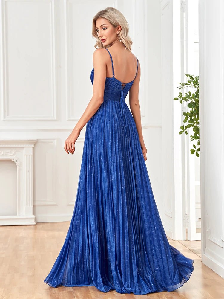 A-Line Spaghetti Strap Long Flowing Draped Prom Gown