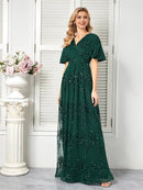 Emerald Green A - Line V - Neck Emerald Green Floral Beaded Dress S