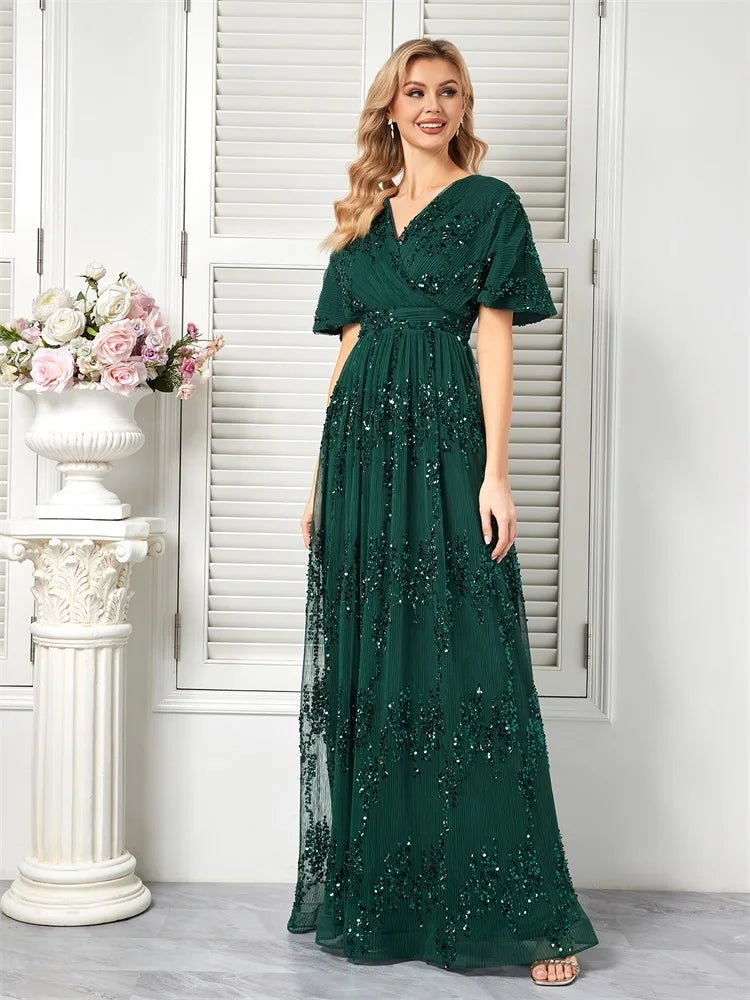 Emerald Green A - Line V - Neck Emerald Green Floral Beaded Dress S