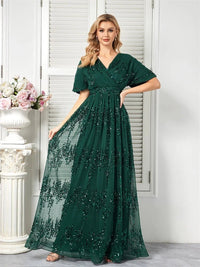 Emerald Green A - Line V - Neck Emerald Green Floral Beaded Dress S