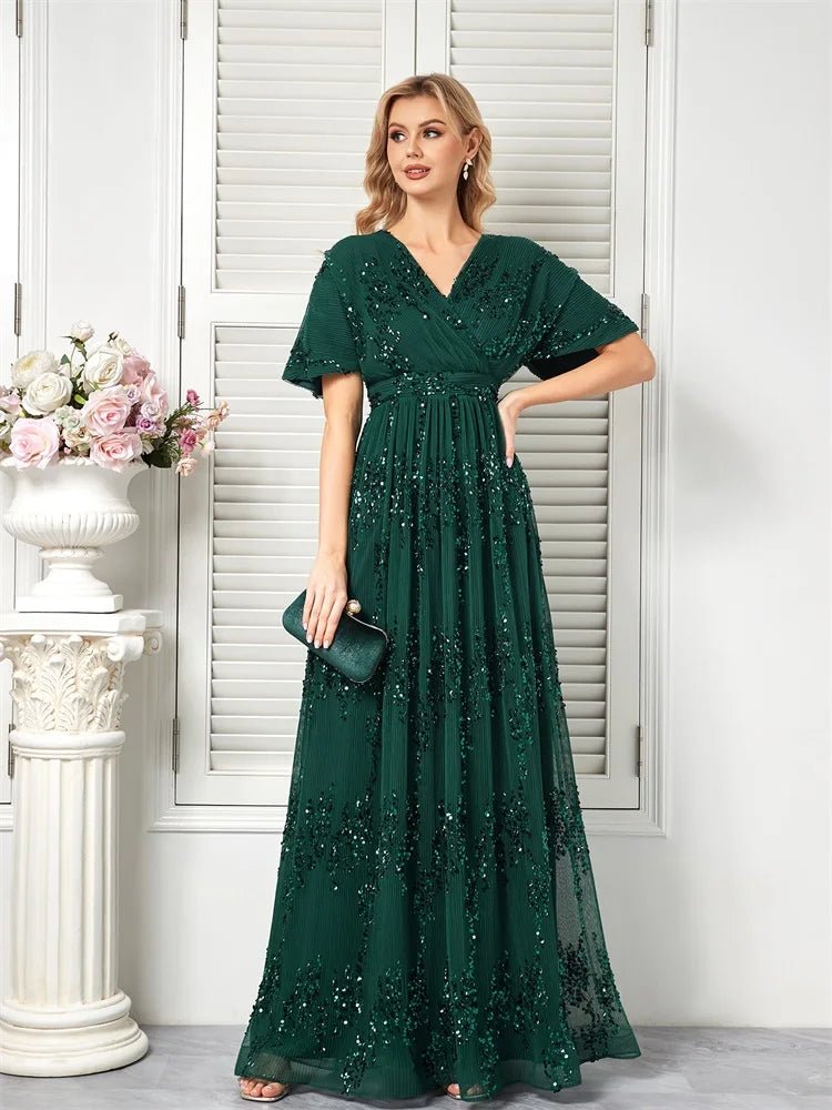 Emerald Green A - Line V - Neck Emerald Green Floral Beaded Dress S