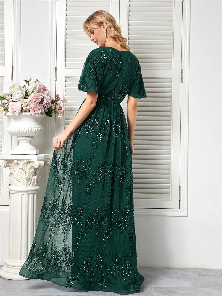 A-Line V-Neck Emerald Green Floral Beaded Dress