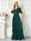 Emerald Green A - Line V - Neck Emerald Green Floral Beaded Dress S