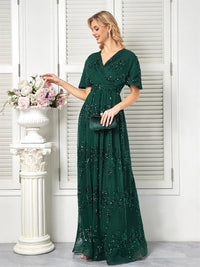 Emerald Green A - Line V - Neck Emerald Green Floral Beaded Dress S