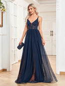 Applique sleeveless A-line evening dress in navy blue, size M.