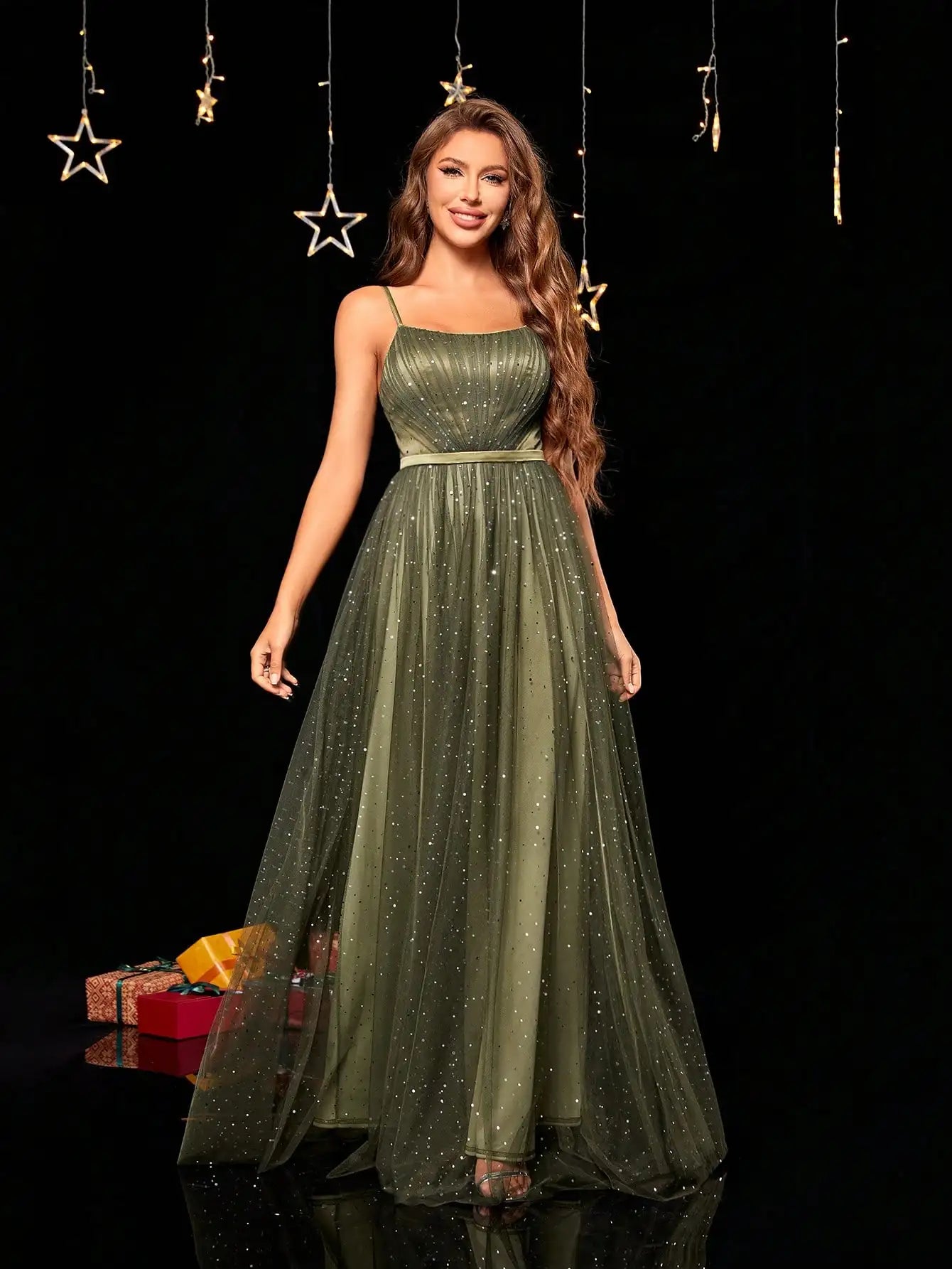 Army Green  Spaghetti Straps Sequin Ball Gown Dresses