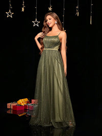 Army Green Army Green Spaghetti Straps Sequin Ball Gown Dresses S