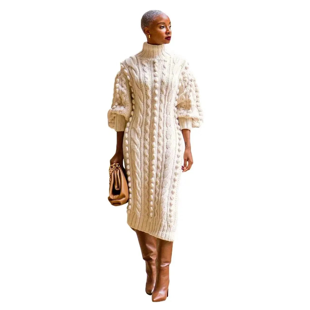 Autumn Long Sleeve Turtleneck Knitted Sweater Dress