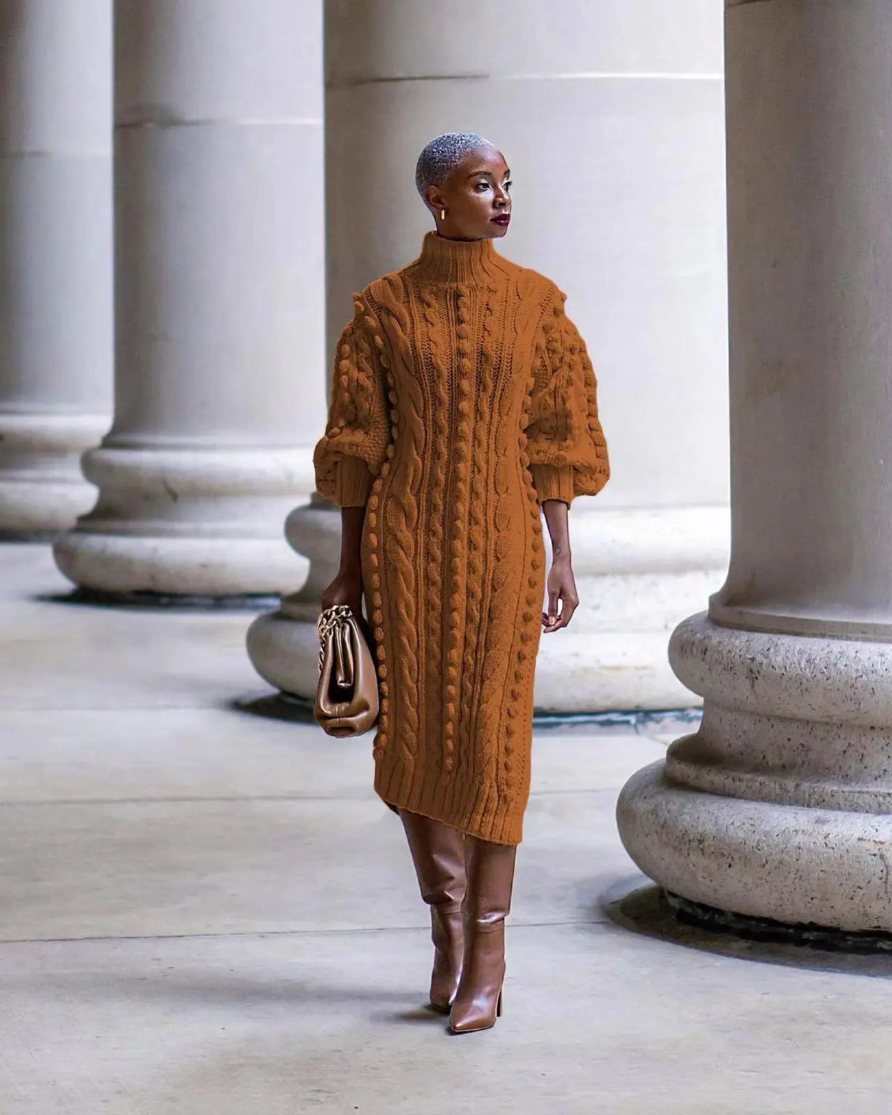 Brown Autumn Long Sleeve Turtleneck Knitted Sweater Dress S