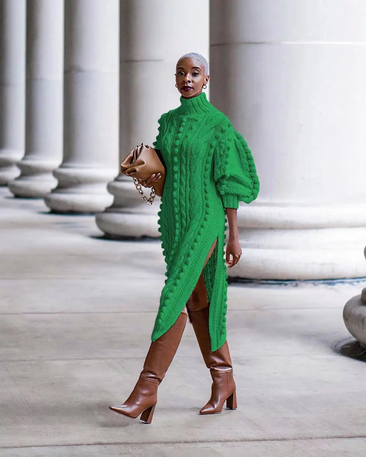 Green Autumn Long Sleeve Turtleneck Knitted Sweater Dress L