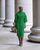 Green Autumn Long Sleeve Turtleneck Knitted Sweater Dress L