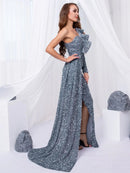 Gray Backless One Shoulder Ruffle Sequin Formal Dress with Split S