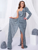 Gray Backless One Shoulder Ruffle Sequin Formal Dress with Split M