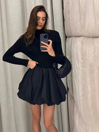 Black Black A - line Long Sleeves Pleated Knit Mini Dress S