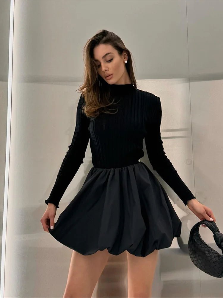 Black Black A - line Long Sleeves Pleated Knit Mini Dress S