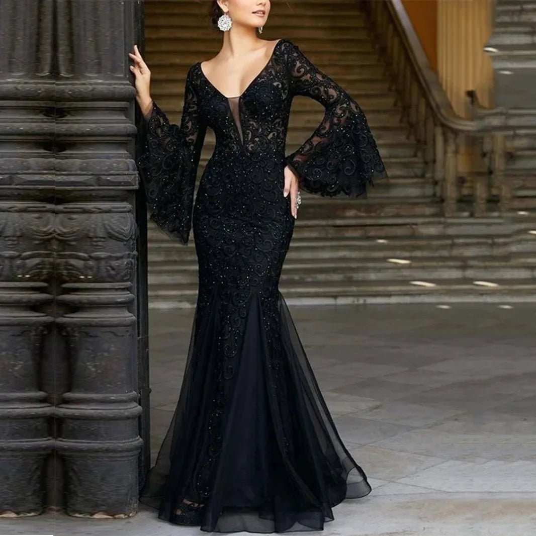 Black Lace V-Neck Wedding Party Dress with Flared Sleeves