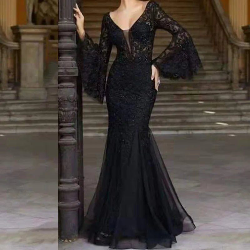 Black Lace V-Neck Wedding Party Dress with Flared Sleeves