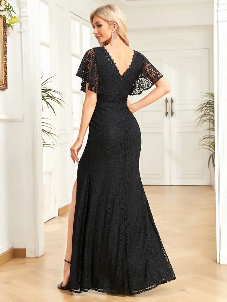 Black Short Sleeve V-Neck High Slit Evening Dress