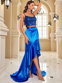 Royal Blue Blue Satin Long Sequin Prom Dress S