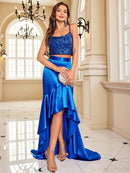 Royal Blue Blue Satin Long Sequin Prom Dress S