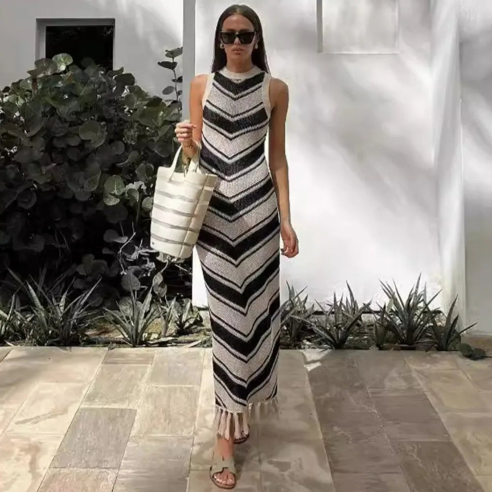 Black and White Bohemian Sleeveless Striped Knit Beach Dress S