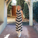 Black and White Bohemian Sleeveless Striped Knit Beach Dress S