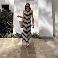 Black and White Bohemian Sleeveless Striped Knit Beach Dress S